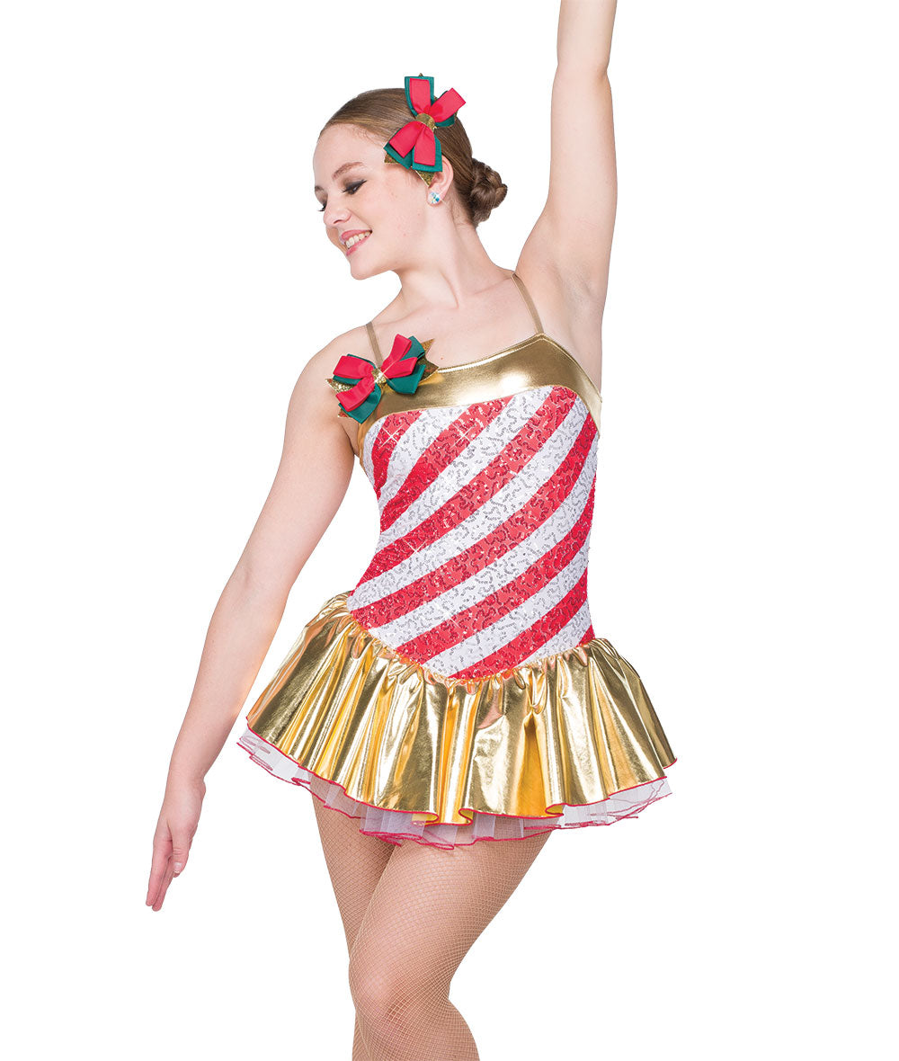 H614YN On The First Day – Red & White Candy Cane Sequin Holiday Dance Dress with Gold Foil Skirt XXLA / 52 Red