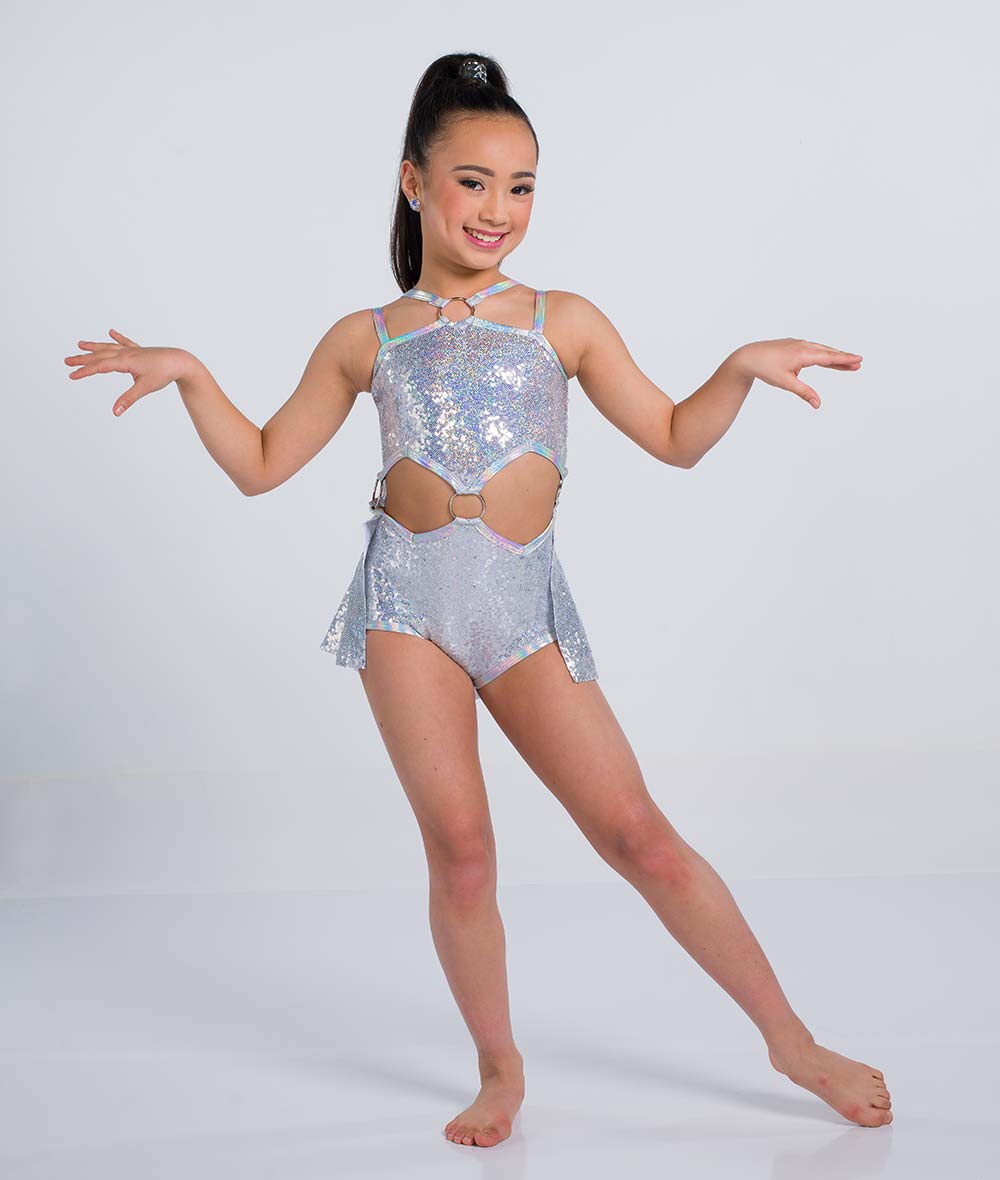 C109 Into You – Sequin Spandex Dance Costume Leotard with Midriff Cutouts & Back Skirt for Competition, Recital & Stage Performance