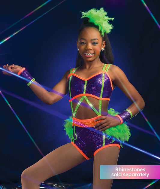 C124 Livin' La Vida Loca – Sequin Spandex Dance Costume Leotard with Open Midriff & Boa Back Skirt for Competition, Recital & Stage Performance