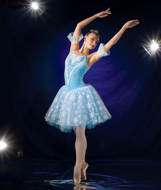 H701 Snowing – Ice Blue Ballet Tutu Dress with Snowflake Mesh and Sequin Trim for Winter Recitals