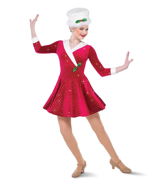H684 I’ve Got My Love – Red Holiday Velvet Dance Dress with Fleece Trim and Holly Pin