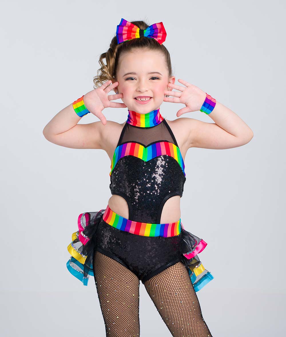 C106 Technicolor – Rainbow Sequin Spandex Dance Costume Leotard with Cutout Midriff & Back Bustle for Competition, Recital & Stage Performance