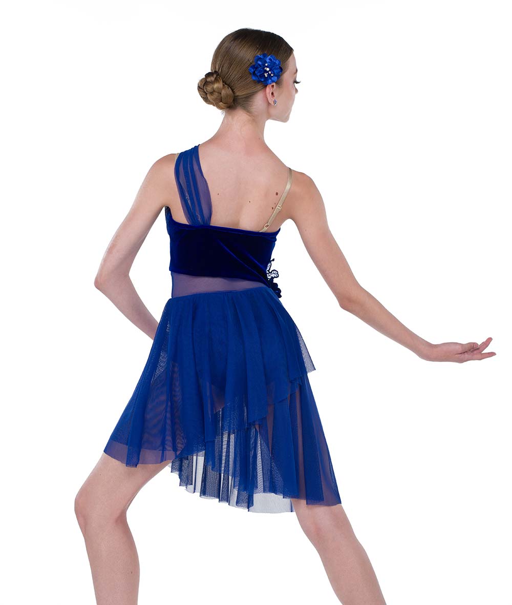 25086Y Feel Like This – Velvet Lyrical Dance Costume with Asymmetrical Mesh Skirt and Floral Applique