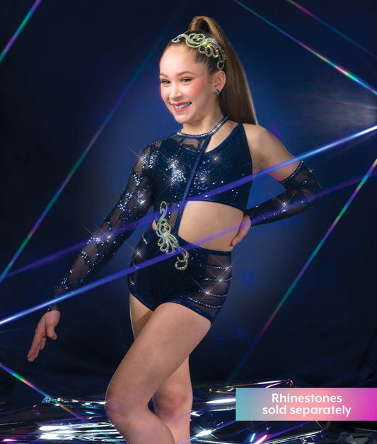 C119 Tension – Sequin One-Sleeve Dance Costume Leotard with Rhinestone Applique for Competition, Recital & Stage Performance