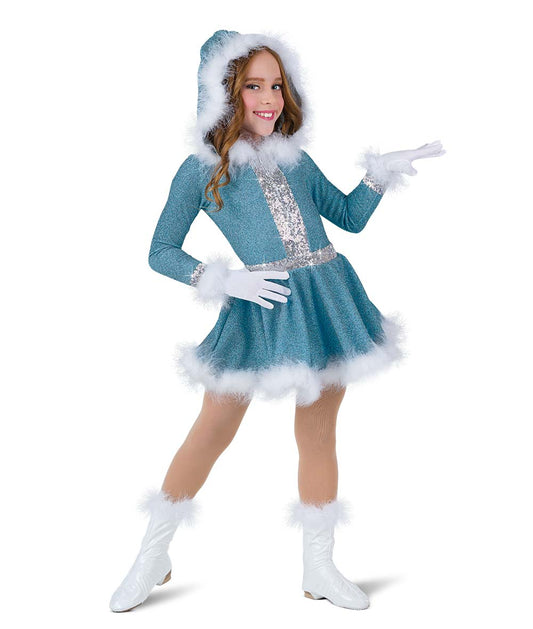 H679Y Snowglobe – Glitter Holiday Dance Dress with Hood and Marabou Trim