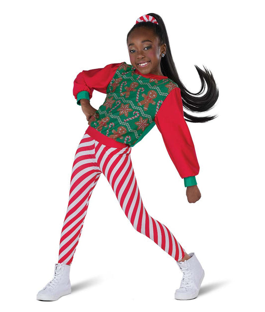 H698 It's Lit – Holiday Hip-Hop Dance Set with Gingerbread Print Top and Candy Cane Leggings