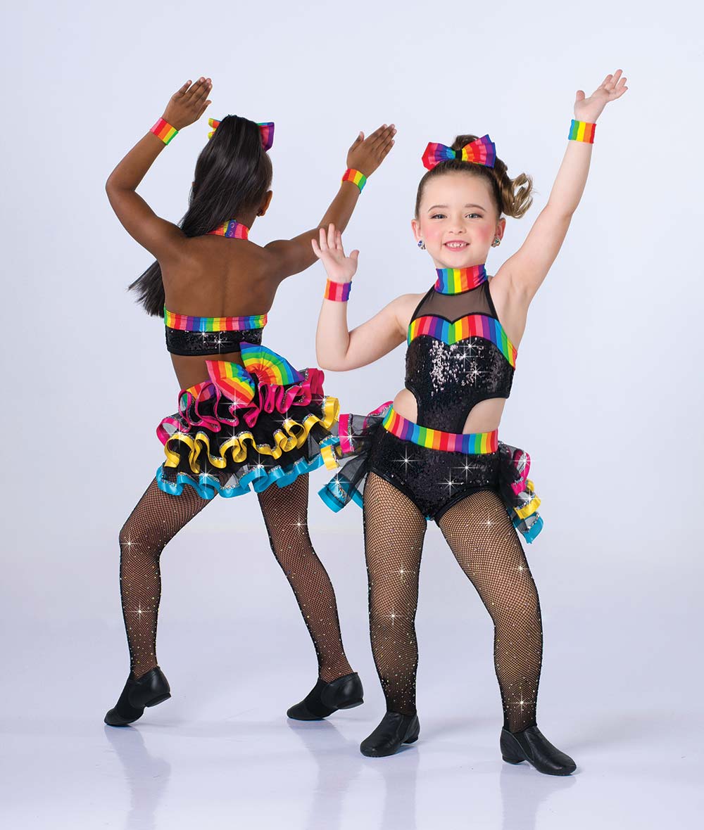 C106 Technicolor – Rainbow Sequin Spandex Dance Costume Leotard with Cutout Midriff & Back Bustle for Competition, Recital & Stage Performance