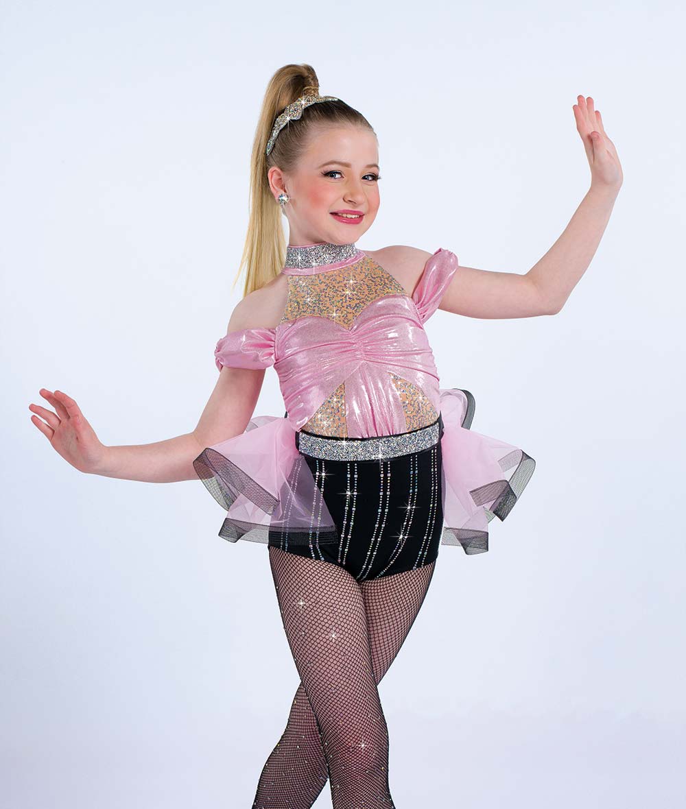 C114 Moonlit Floor – Sequin Foil Spandex Dance Costume Leotard with Rhinestone Choker & Back Bustle for Competition, Recital & Stage Performance
