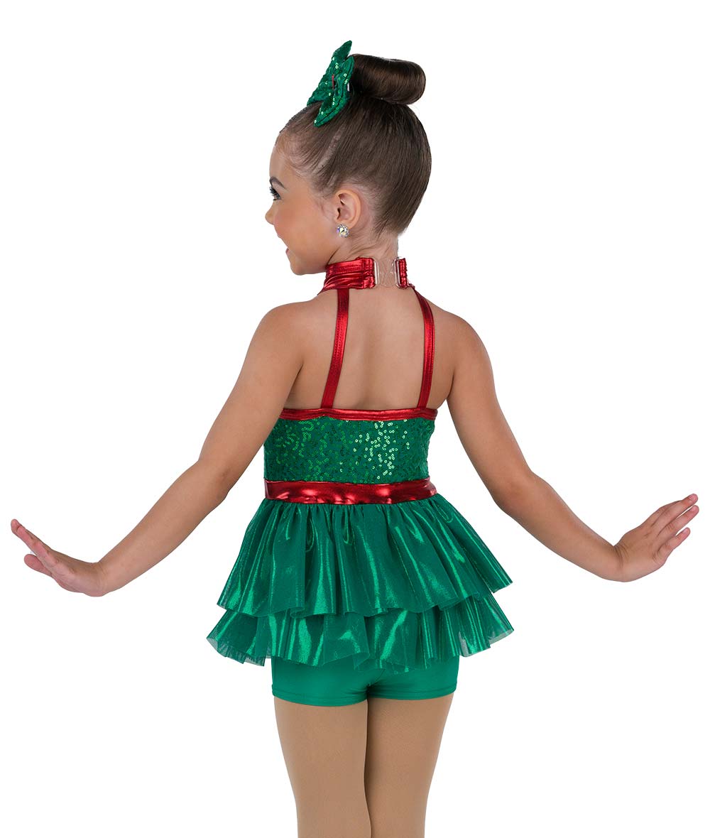 V2835 Kid on Christmas – Sparkling Holiday Dance Costume with Sequin Shortall and Foil Mesh Skirt