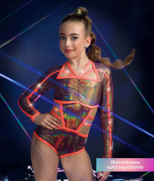 C101 Transcendence – Hologram Slinky Long Sleeve Dance Costume Leotard with Cutout for Competition, Recital & Stage Performance
