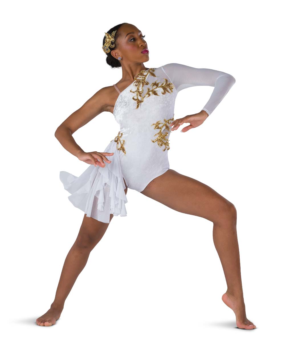 26144Y Waking Up Slow – Asymmetrical Crushed Velvet Lyrical Dance Costume with Mesh Sleeve and Sequin Appliques