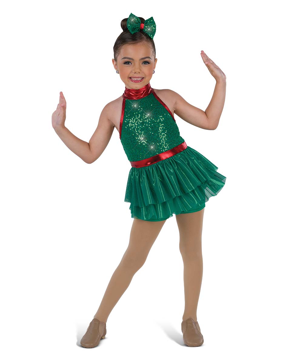 V2835 Kid on Christmas – Sparkling Holiday Dance Costume with Sequin Shortall and Foil Mesh Skirt