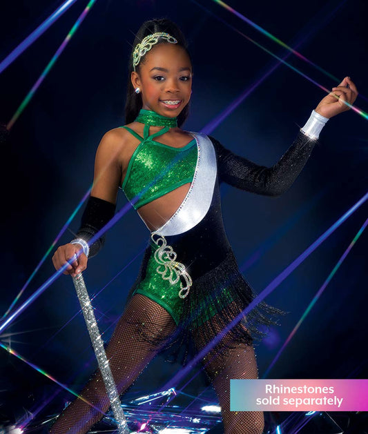 C115 Abracadabra – Glitter Velvet Sequin One-Sleeve Dance Costume Leotard with Rhinestone Applique & Fringe Skirt for Competition, Recital & Stage Performance