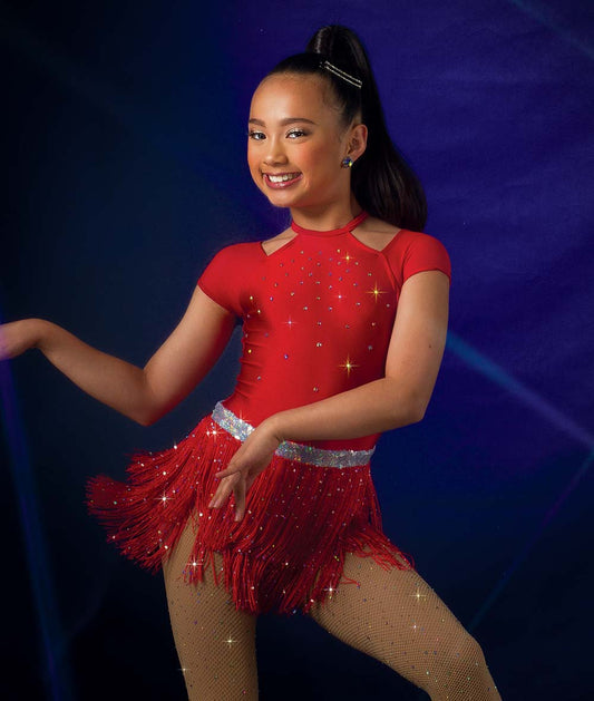 26166Y Freedom of the Night – Rhinestone Leotard with Sequin Fringe Skirt & Belt
