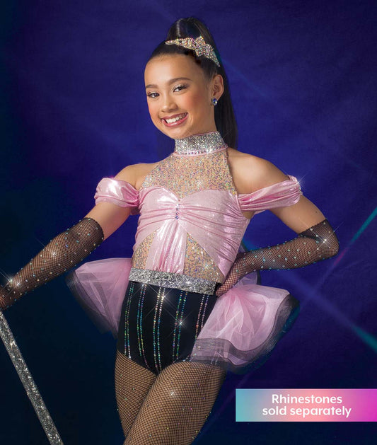 C114 Moonlit Floor – Sequin Foil Spandex Dance Costume Leotard with Rhinestone Choker & Back Bustle for Competition, Recital & Stage Performance