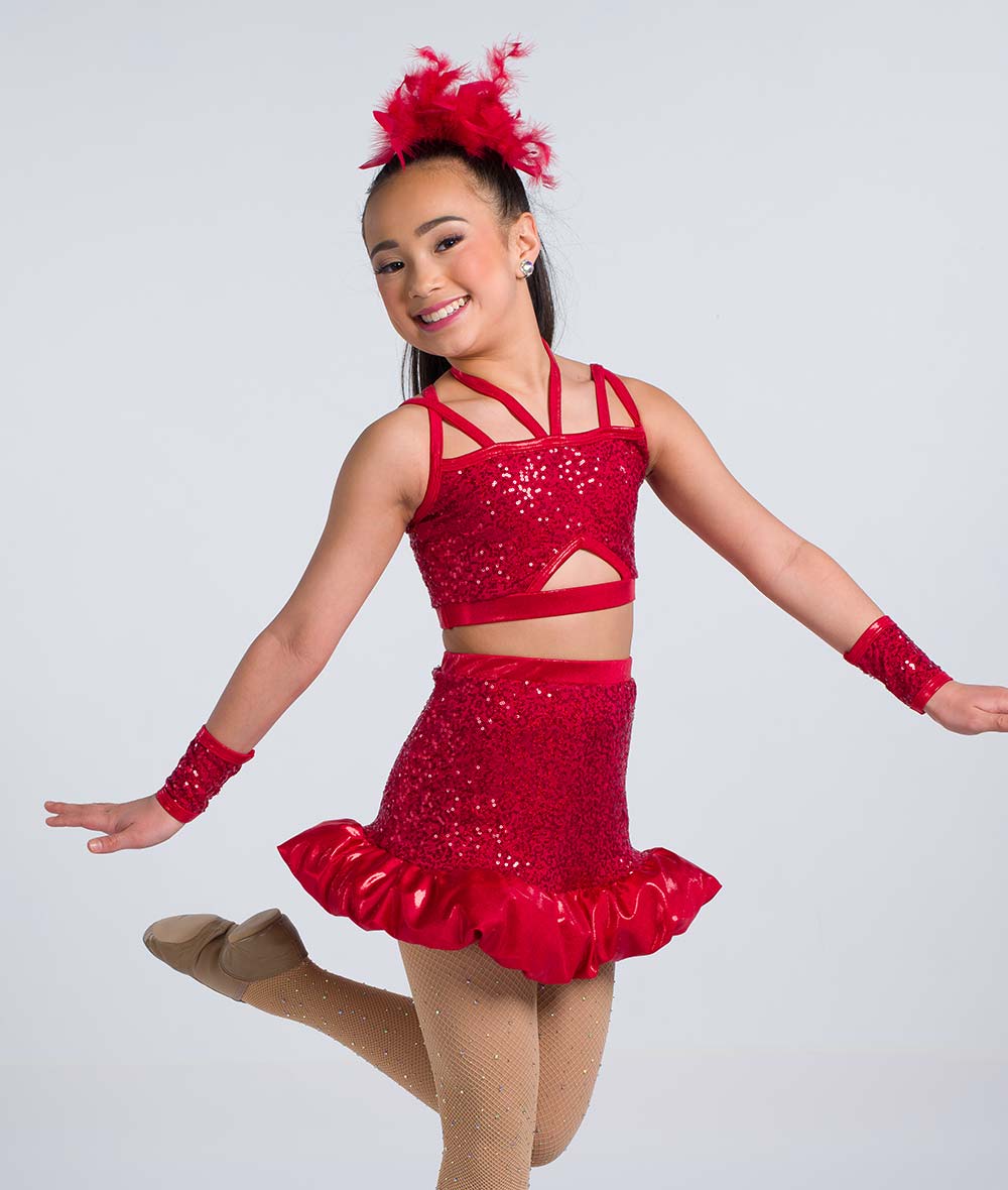 C112 Kick Up Your Heels – Sequin Spandex Dance Costume Crop Top & Bubble Skirt with Hot Pants for Competition, Recital & Stage Performance