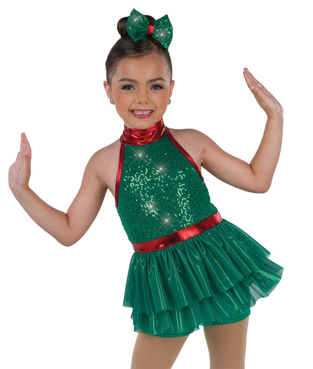 V2835 Kid on Christmas – Sparkling Holiday Dance Costume with Sequin Shortall and Foil Mesh Skirt