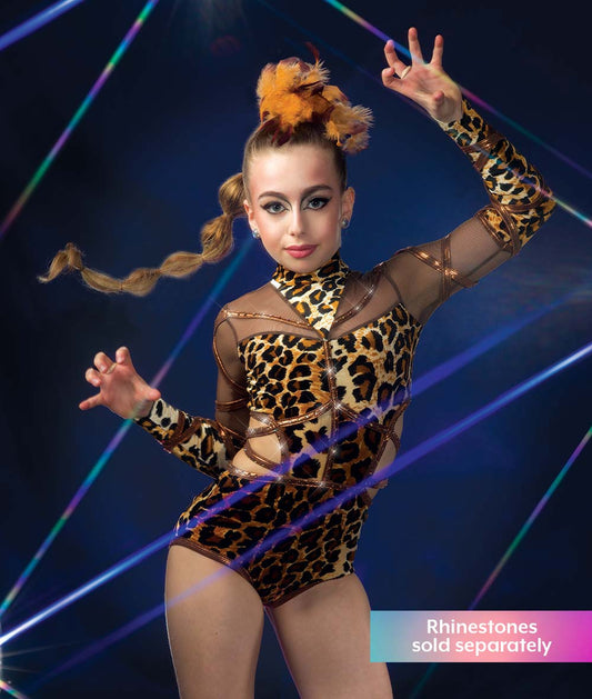 C113 Fearless – Cheetah Print Velvet Mesh Dance Costume Leotard with Cutout for Competition, Recital & Stage Performance