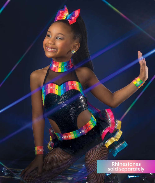 C106 Technicolor – Rainbow Sequin Spandex Dance Costume Leotard with Cutout Midriff & Back Bustle for Competition, Recital & Stage Performance