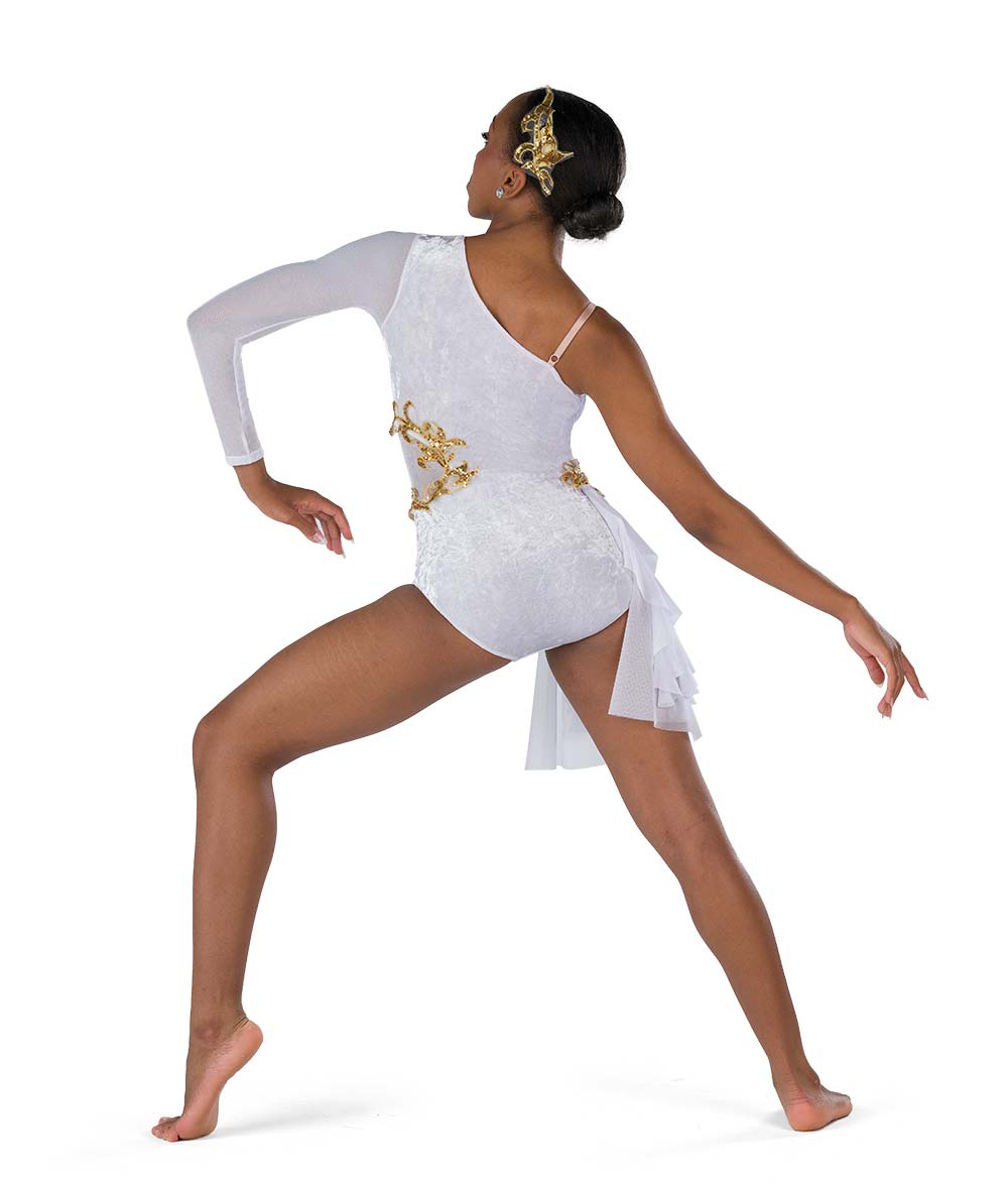 26144Y Waking Up Slow – Asymmetrical Crushed Velvet Lyrical Dance Costume with Mesh Sleeve and Sequin Appliques